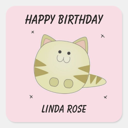 Schattige bruin kattenroze patroontje Happy Birthd Vierkante Sticker (Voorkant)