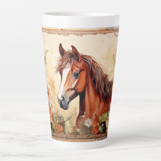 Schattige bruin paard en wilde bloemen latte mok (Voorkant)