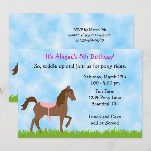 Schattige Bruin Paard, Roze Zadel Pony Party Verja Kaart (Voorkant / Achterkant)