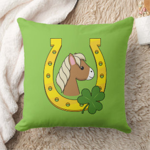 Schattige Bruin Paard w Gouden Hoefijzer, Shamrock Kussen