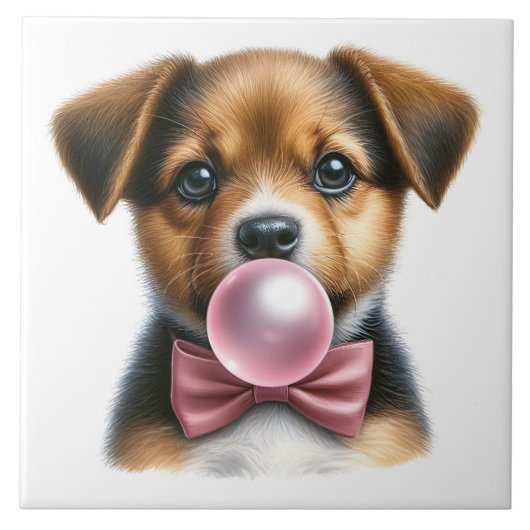 Schattige Bruin Puppy Roze Bow Stropdas Blowing Bu Tegeltje (Voorkant)
