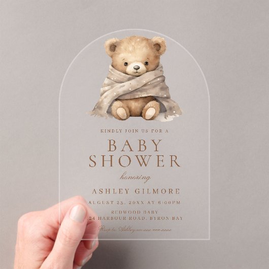 Schattige bruin teddybeer Baby shower Acryl Uitnodigingen (Insitu (Draagbaar))
