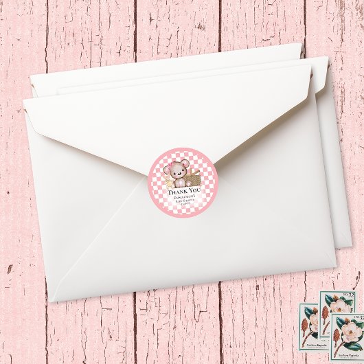 Schattige bruin teddybeer picknick Baby shower gun Ronde Sticker