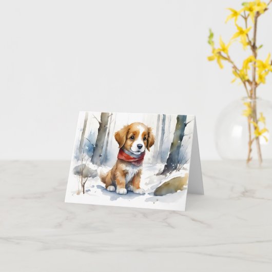 Schattige Bruin Wit Puppy Rood Sjaal Blank Groet Kaart (Gele Bloem)