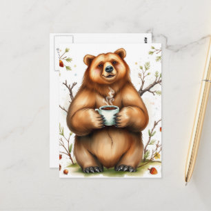 Schattige bruine beer en een kopje koffie briefkaart