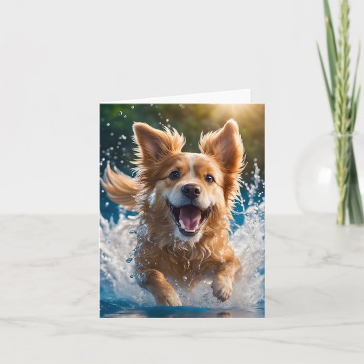 Schattige bruine en witte hond spettert in het wat kaart (Voorkant)