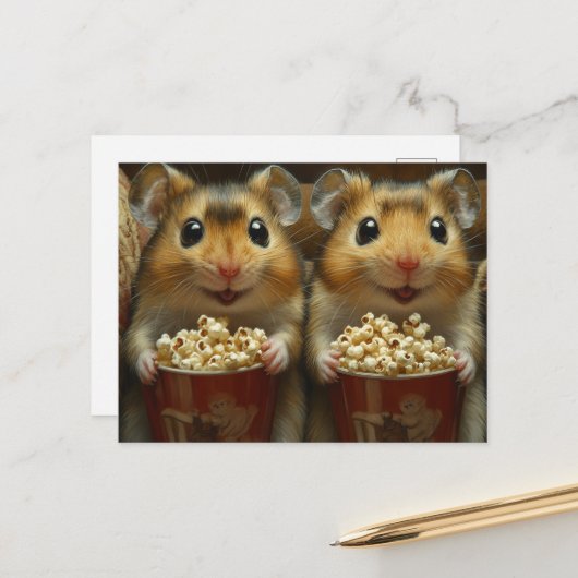 Schattige bruine hamsters met popcorn briefkaart (Voorkant / Achterkant in situ)