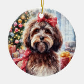 Schattige bruine Havanese hond met rode boog kerst Keramisch Ornament (Voorkant)