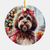 Schattige bruine Havanese hond met rode boog kerst Keramisch Ornament (Achterkant)