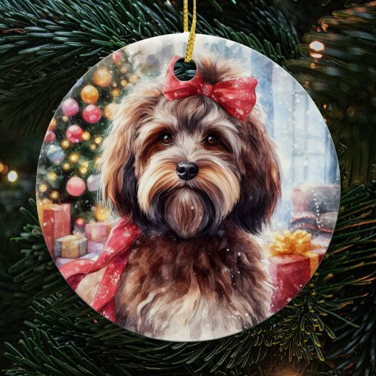 Schattige bruine Havanese hond met rode boog kerst Keramisch Ornament