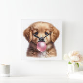 Schattige bruine puppy die bubbelgom blaast kinder vierkante klok (Huis)