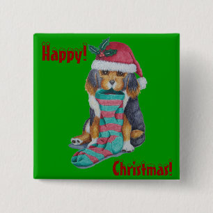 schattige bruine puppy met kerstknop vierkante button 5,1 cm