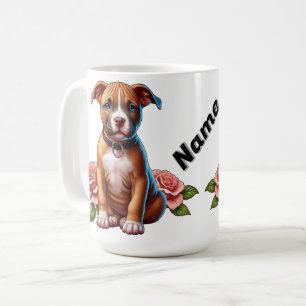 Schattige bruine puppy met rozen koffiemok