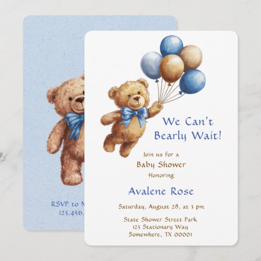 Schattige bruine teddybeer met ballonnen jongens b kaart (Voorkant / Achterkant)