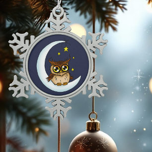 Schattige bruine uil halvemaan sterren blauw tin sneeuwvlok ornament