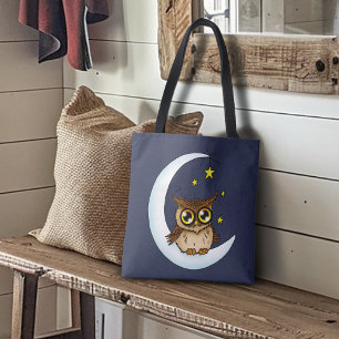 Schattige bruine uil halvemaan sterren blauw tote bag