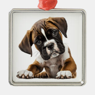 SCHATTIGE BRUINE & WITTE BOKSER PUPPY HOND METALEN ORNAMENT