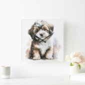SCHATTIGE BRUINE & WITTE HAVANESE PUPPY DOG VIERKANTE KLOK (Huis)