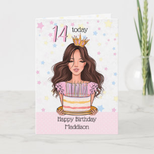 Schattige Brunette Meisje met Taart Happy Birthday Feestdagen Kaart