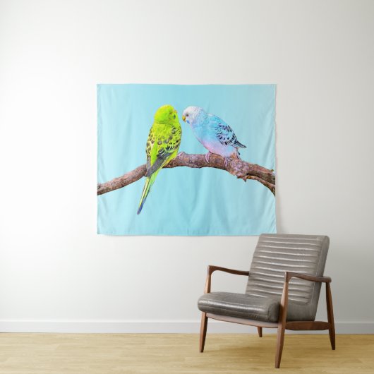 Schattige budgie paar in groen en blauw wandkleed (In Situ (horizontaal))