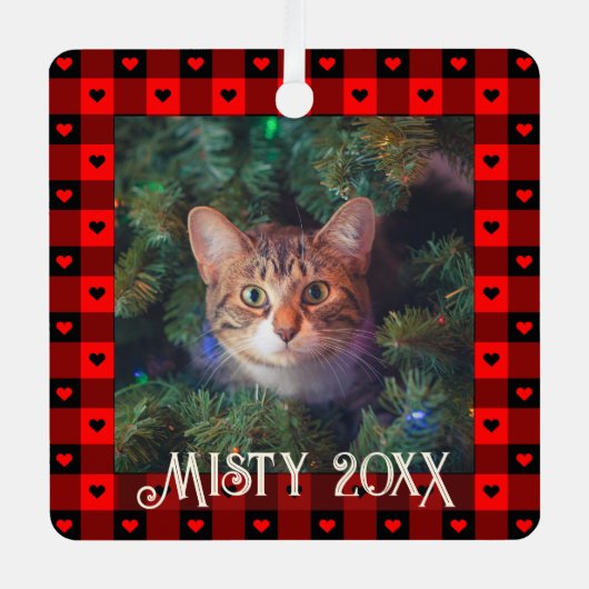 Schattige Buffalo geruite harten Aangepaste kat hu Metalen Ornament (Voorkant)
