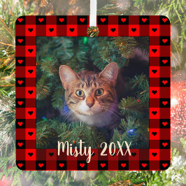 Schattige Buffalo Plaid Hartjes Custom Kat Dier Ke Metalen Ornament