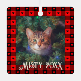 Schattige Buffalo Plaid Hartjes Custom Kat Huisdie Metalen Ornament