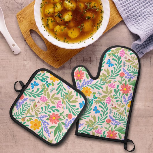 Schattige Bugs Pastel Blush Roze Bloemen Patroon G Ovenwant & Pannenlap Set