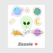 Schattige buitenaards hoofd met planeten, ufo’s en sticker (Vel)