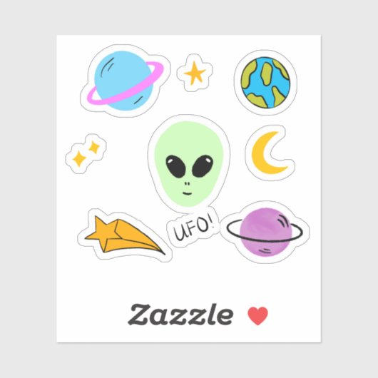 Schattige buitenaards hoofd met planeten, ufo’s en sticker (Vel)