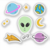 Schattige buitenaards hoofd met planeten, ufo’s en sticker (Voorkant)