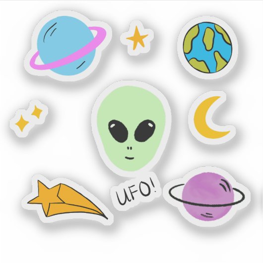Schattige buitenaards hoofd met planeten, ufo’s en sticker (Voorkant)