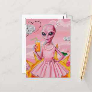 Schattige buitenaardse dame in roze met Oranje sap Briefkaart