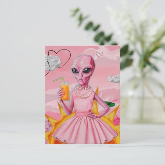 Schattige buitenaardse dame in roze met Oranje sap Briefkaart (Staand voorkant)