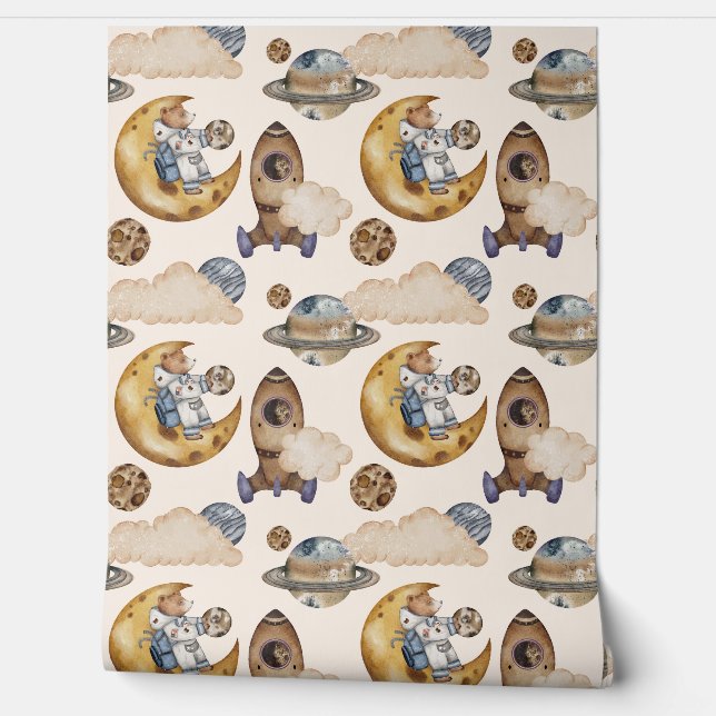 Schattige Buitenruimte Beer Astronaut Moon & Plane Behang (Afrollen)