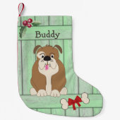 Schattige Bulldog Dog Green houten hek monogram Kleine Kerstsok (Voorkant)