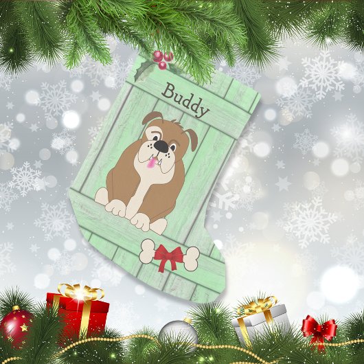 Schattige Bulldog Dog Green houten hek monogram Kleine Kerstsok
