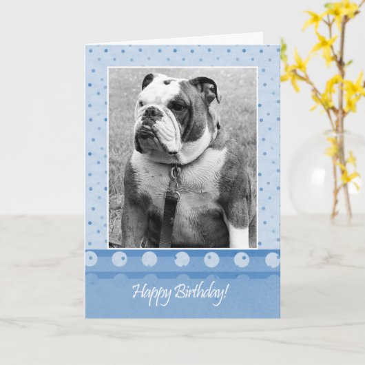 Schattige Bulldog Happy Birthday Blue dot Wenskaar Kaart (Gele Bloem)