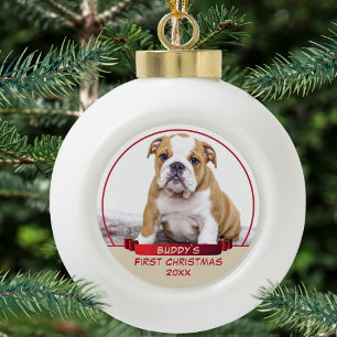 Schattige Bulldog Puppy 1ste Kerstmis Huisdier Fot Keramische Bal Ornament