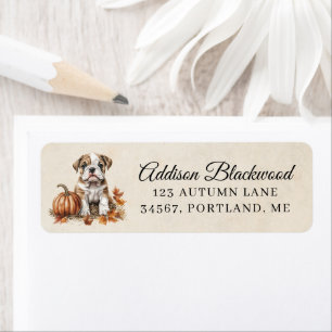 Schattige Bulldog Puppy Herfstbladeren en Pompoen Etiket