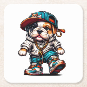 Schattige Bulldog Puppy in Streetwear Outfit Kartonnen Onderzetters