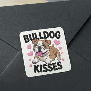 Schattige Bulldog Puppy Kusjes Roze Hart Hond Moed Vierkante Sticker