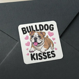 Schattige Bulldog Puppy Kusjes Roze Hart Hond Moed Vierkante Sticker