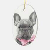 Schattige bulshondpupil met roze boog keramisch ornament (Links)