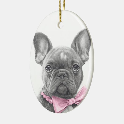 Schattige bulshondpupil met roze boog keramisch ornament (Links)