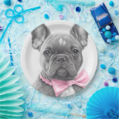 Schattige bulshondpupil met roze boog papieren bordje (Feest)