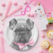 Schattige bulshondpupil met roze boog papieren bordje (Feest)