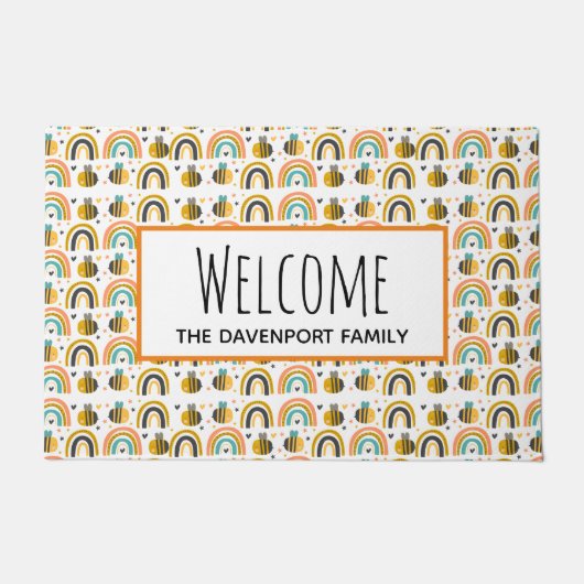 Schattige Bumble Bee en Rainbows Pattern Welkom Deurmat (Voorkant)