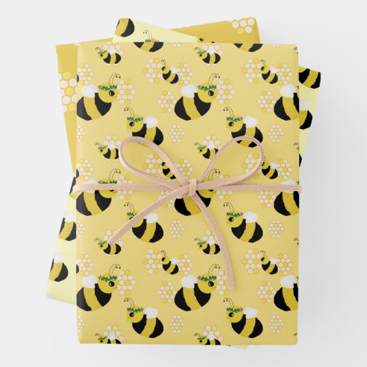 Schattige Bumble Bee Honeycomb Pattern Baby shower Inpakpapier Vel (In situ)
