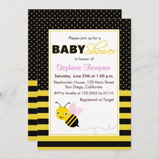 Schattige Bumble Bees Meisje Baby shower Invitatio Kaart (Voorkant / Achterkant)